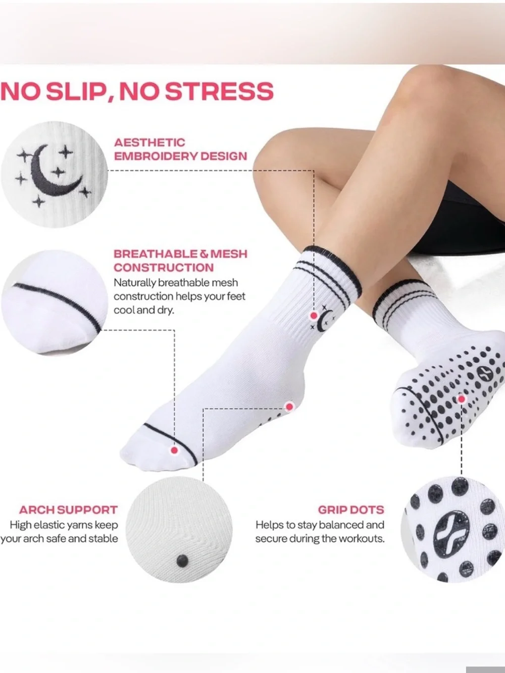 2x NEW Pairs of Embroidery Crew Yoga Socks Strawberry Moon Icon Pilates Socks